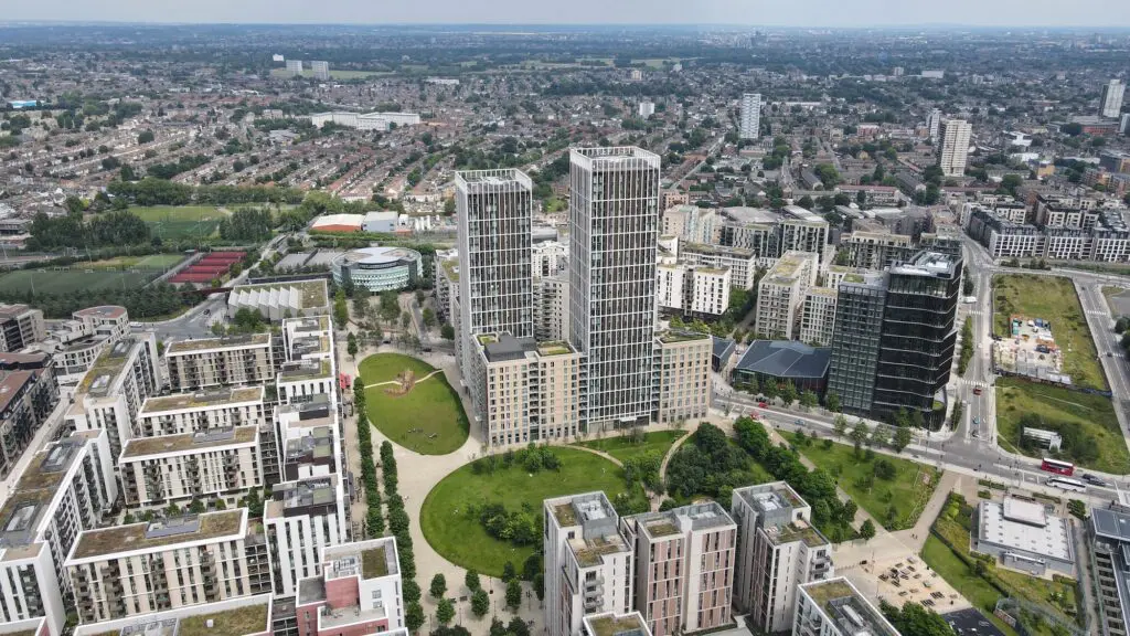 Stratford London Queen Elizabeth Olympic Park apartments drone aerial view